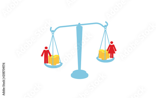 Vector blue silhouette image of scales with coins and a man and woman