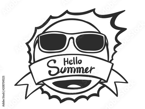 doodle hand drawn sun character is smiling with a banner. Summer concept. Vector illustration.