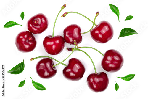 Sweet red cherries isolated on white background. Top view. Flat lay pattern