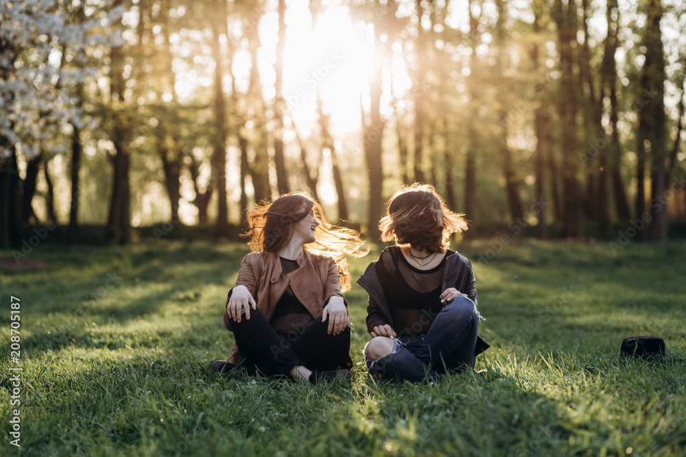 Fototapeta premium The beautiful sisters sitting on the grass