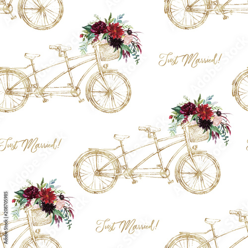 Fototapeta Watercolor hand drawn seamless pattern / background. Wedding romantic illustration on white background - vintage gold tandem bicycle with flower bouquet in the basket. Just Married! 