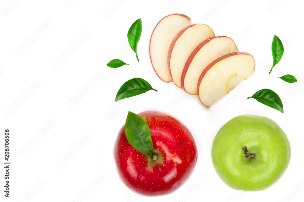 red and green apples with slices and leaves isolated on white background with copy space for your text. top view. Flat lay red and green apples with slices and leaves isolated on white background with copy space for your text. top view. Flat lay