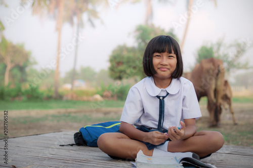 schoolgirl in the countryside.