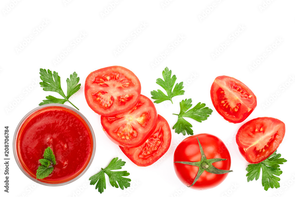 Tomato juice in glass and tomatoes isolated on white background with copy space for your text. Top view. Flat lay Tomato juice in glass and tomatoes isolated on white background with copy space for your text. Top view. Flat lay