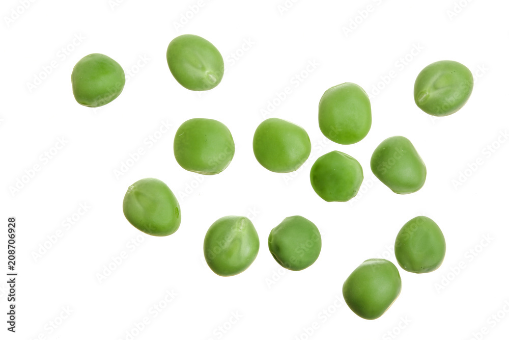 Fresh green pea isolated on white background. Top view. Flat lay Fresh green pea isolated on white background. Top view. Flat lay