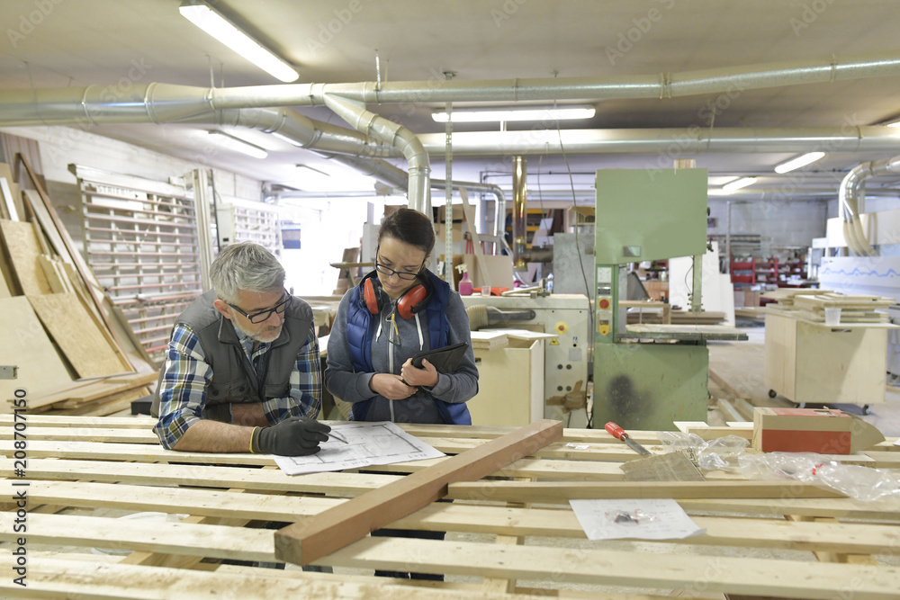 Wood industry technicians working together on project Wood industry technicians working together on project