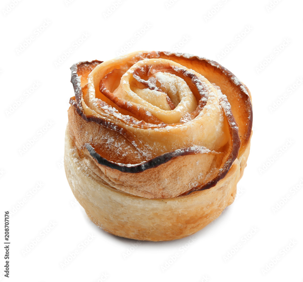 Tasty apple rose from puff pastry on white background Tasty apple rose from puff pastry on white background