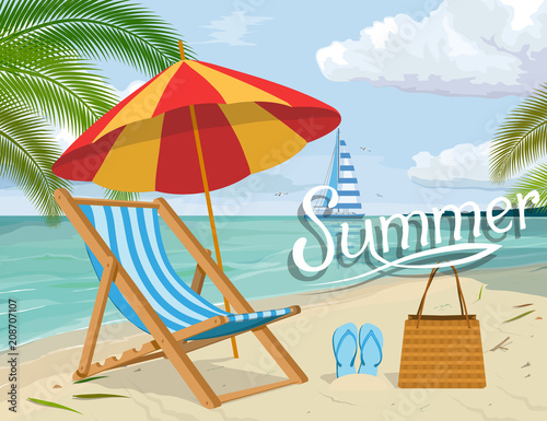 Set for summer vacation design - chaise longue, beach slippers, beach bag, umbrella protecting from the sun. Summer holiday. Vector graphics to design.