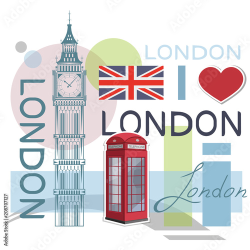 Set for design on London. Great Britain flag. Big Ben Tower. London phone booth. Vector graphics to design.