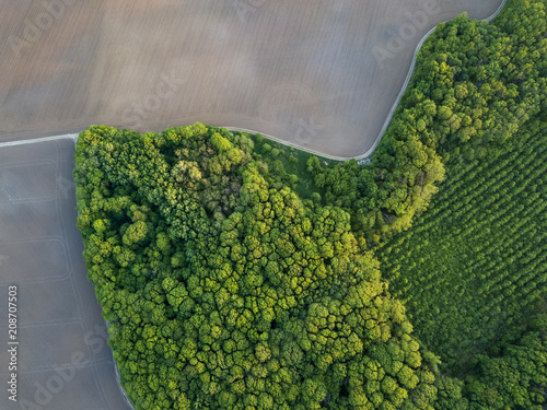 Aerial photo from flying drone of a land with young trees and a plowed field