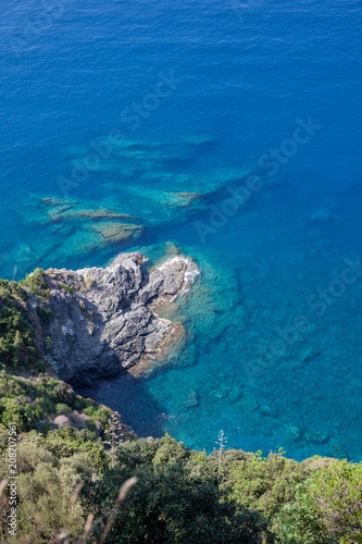 Beautiful blue Mediterrean sea from the cliffs of the Cinque Terre, Italy
