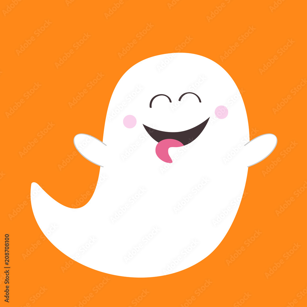 Ghost spirit showing tongue. Boo. Happy Halloween. Scary white ghosts. Cute cartoon spooky character. Smiling face, hands. Orange background Greeting card. Flat design. Ghost spirit showing tongue. Boo. Happy Halloween. Scary white ghosts. Cute cartoon spooky character. Smiling face, hands. Orange background Greeting card. Flat design.