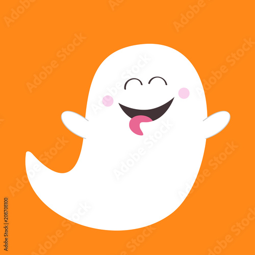 Ghost spirit showing tongue. Boo. Happy Halloween. Scary white ghosts. Cute cartoon spooky character. Smiling face, hands. Orange background Greeting card. Flat design.