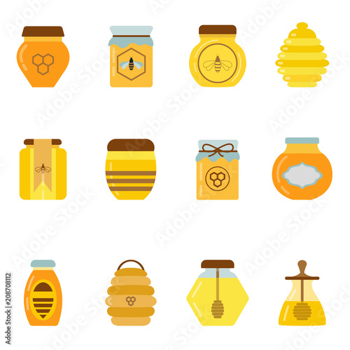 Organic honey jars set. Natural sweet golden organic honey in different containers. Healthy apiary product in various handcrafted pots.