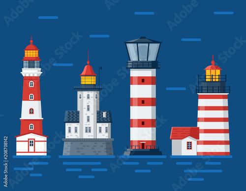 Red lighthouse set. Sea guiding light houses buildings. Pharos or beacon collection. Searchlight towers of different types in flat design.