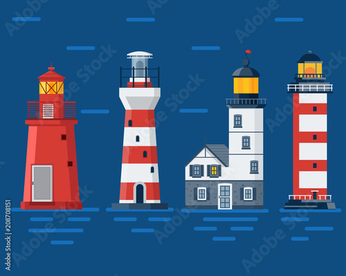 Red lighthouse set. Sea guiding light houses buildings. Pharos or beacon collection. Searchlight towers of different types in flat design.