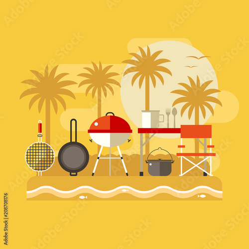 Summer beach picnic landscape. Family barbecue on sea shore. Tropical beach bbq party banner with grilling tools.