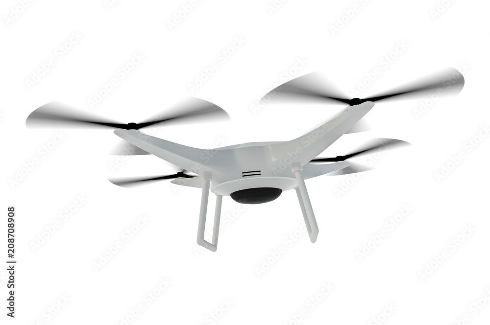 Flying drone isolated on white background - obrazy, fototapety, plakaty 