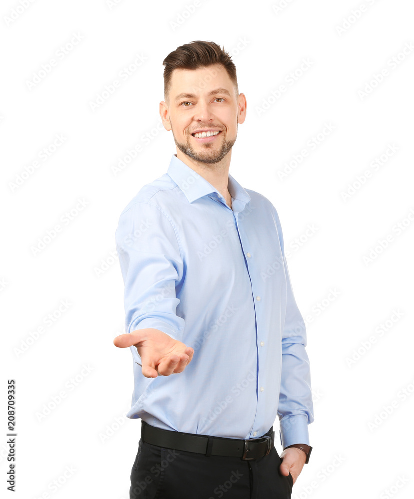 Young businessman holding something on white background Young businessman holding something on white background