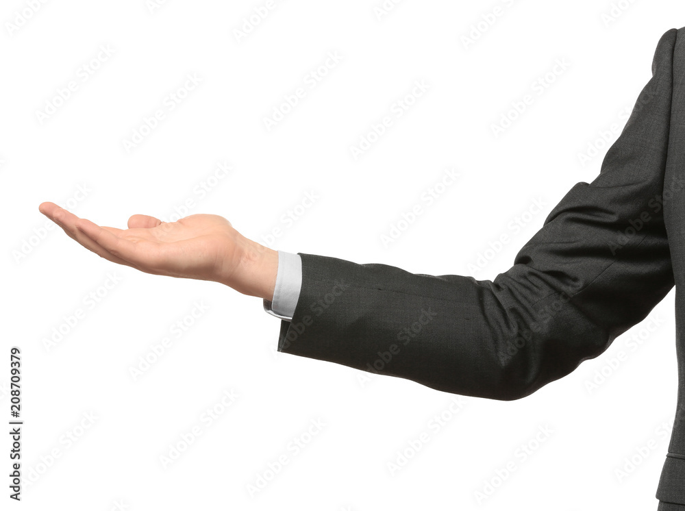 Young businessman holding something on white background Young businessman holding something on white background
