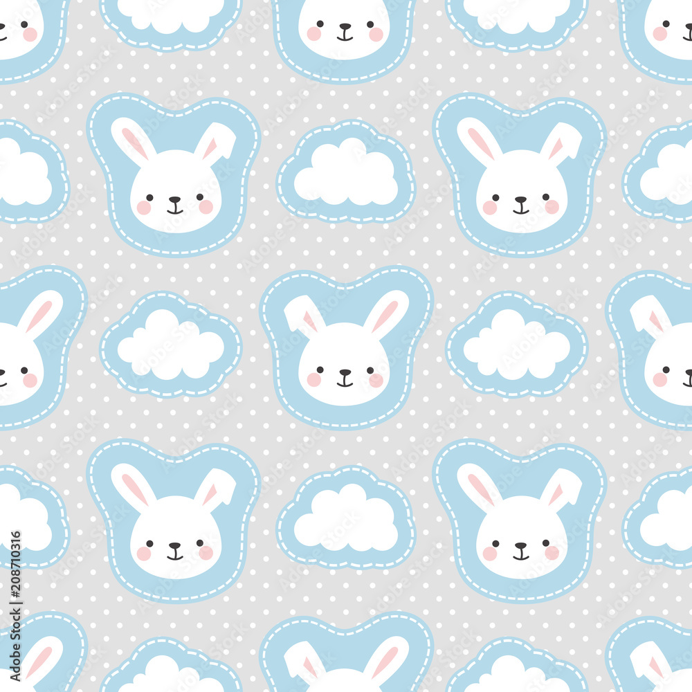 Cute White Bunny Rabbit with Cartoon Cloud Seamless Pattern Background, Vector illustration Cute White Bunny Rabbit with Cartoon Cloud Seamless Pattern Background, Vector illustration