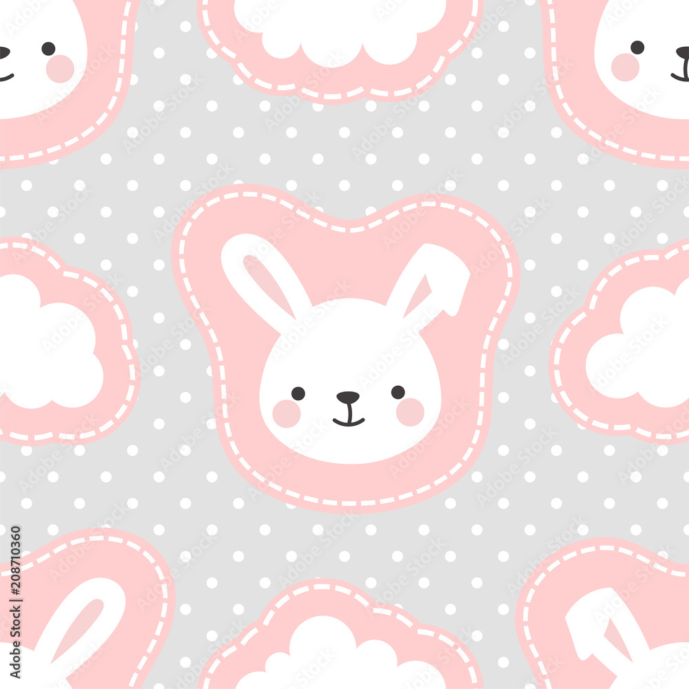 Cute White Bunny Rabbit with Cartoon Cloud Seamless Pattern Background, Vector illustration Cute White Bunny Rabbit with Cartoon Cloud Seamless Pattern Background, Vector illustration