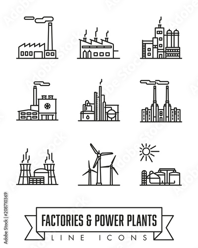 Factories and power plants line icon vector set