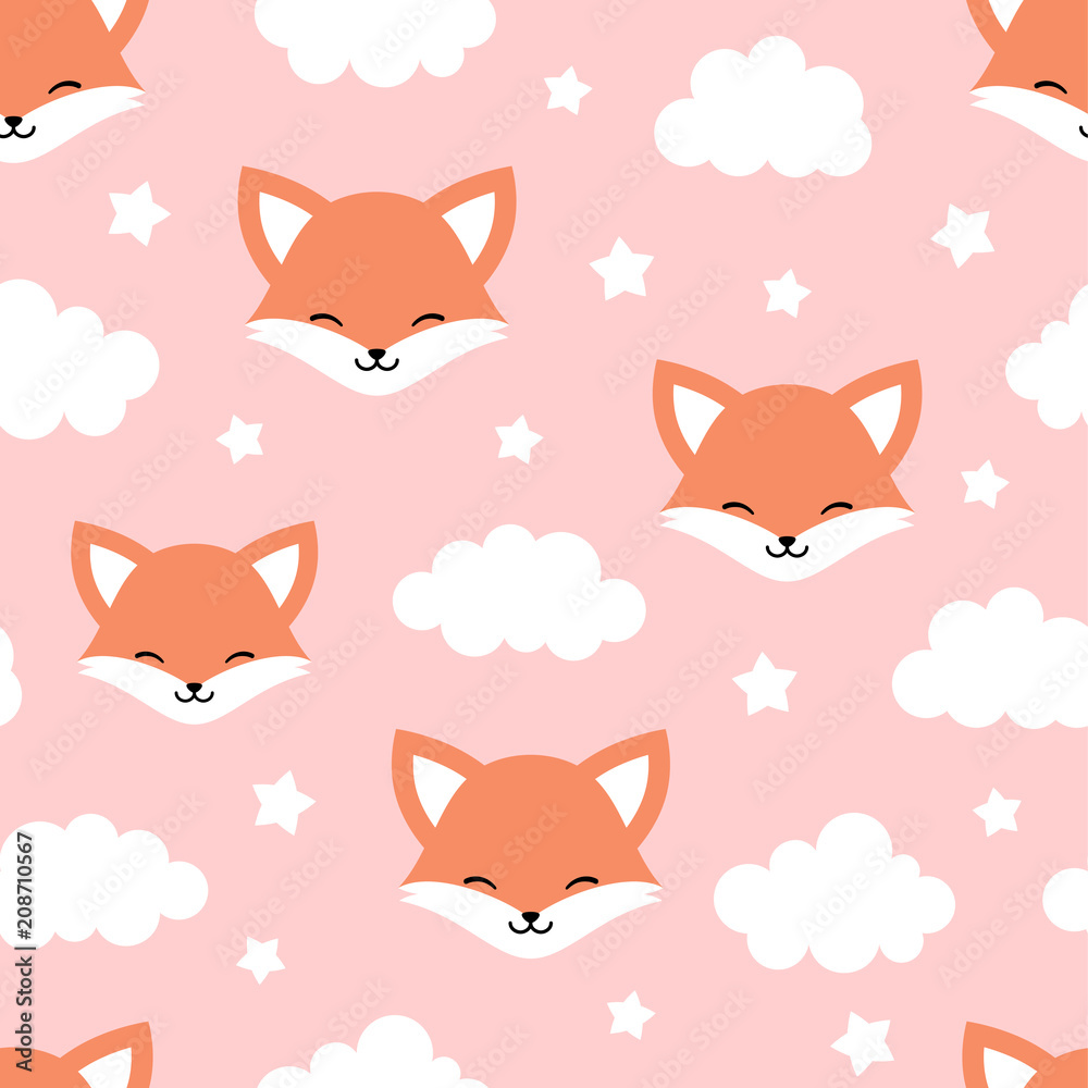 Fototapeta premium Cute Fox Seamless Pattern, Animal Background with Clouds for Kids