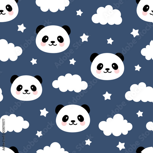 Fototapeta Naklejka Na Ścianę i Meble -  Cute Panda Seamless Pattern, Animal Background with Clouds for Kids