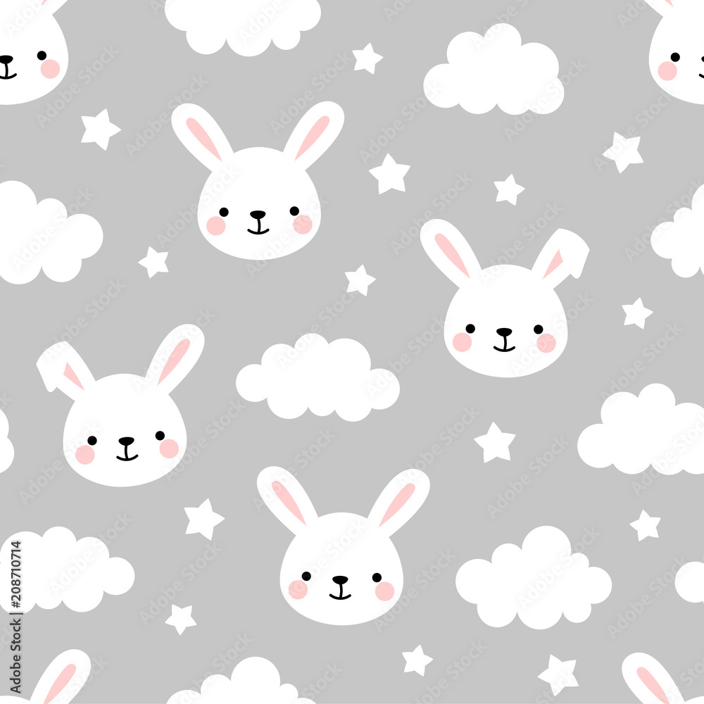 Cute Rabbit Seamless Pattern, Animal Background with Clouds for Kids