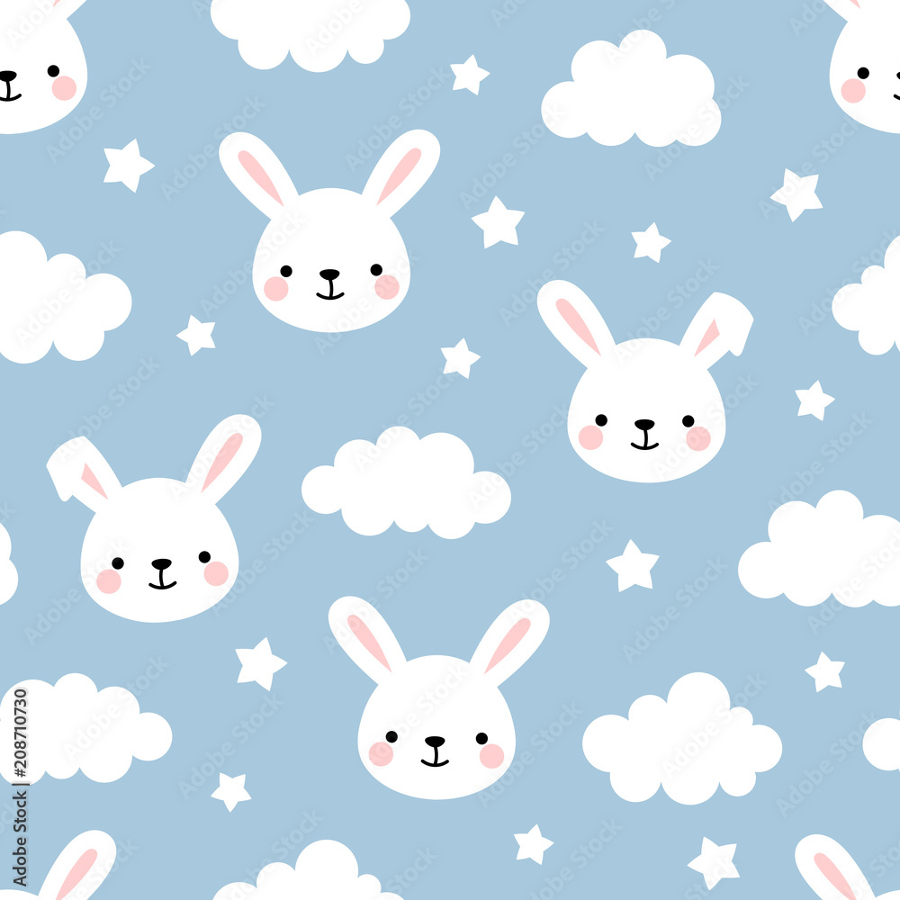 Cute Rabbit Seamless Pattern, Animal Background with Clouds for Kids Cute Rabbit Seamless Pattern, Animal Background with Clouds for Kids