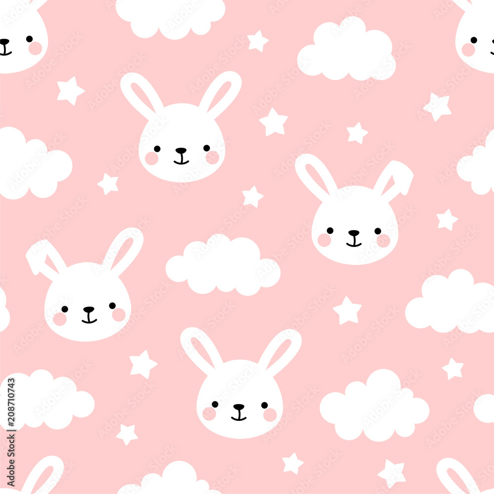 Cute Rabbit Seamless Pattern, Animal Background with Clouds for Kids Cute Rabbit Seamless Pattern, Animal Background with Clouds for Kids