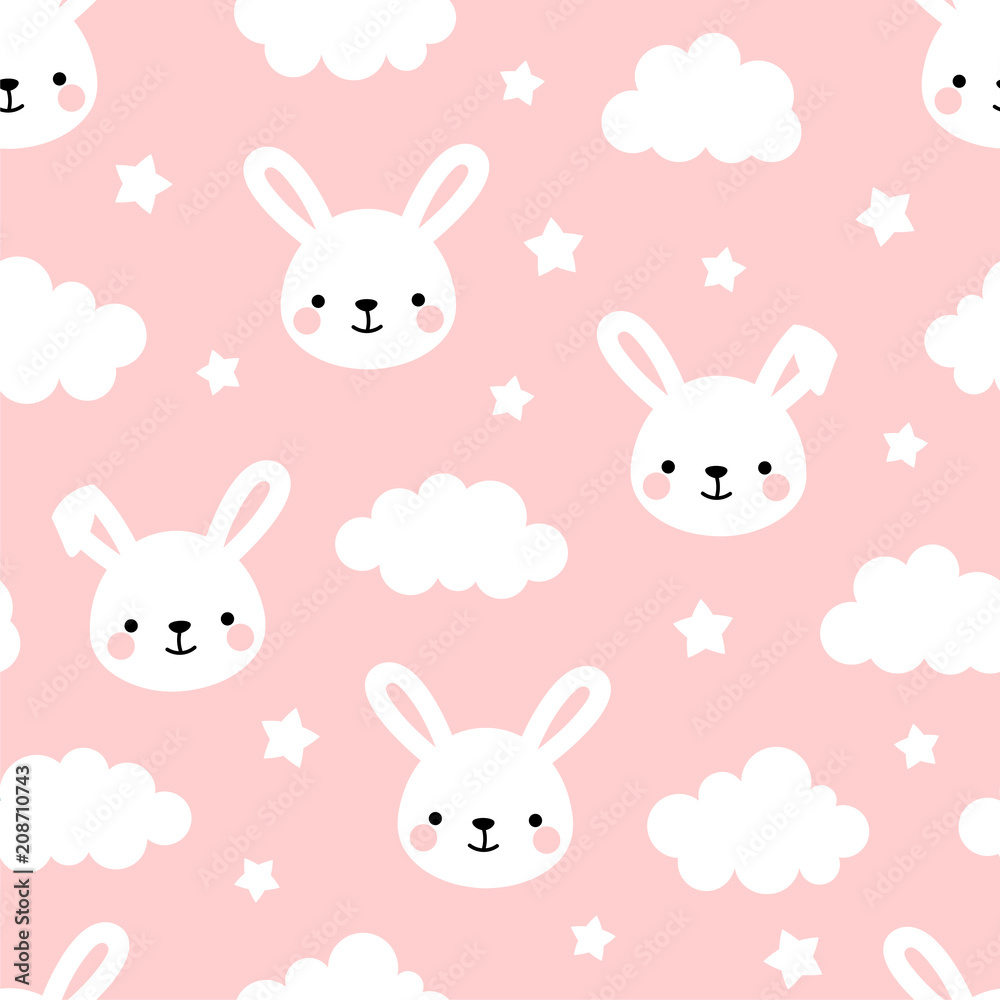 Cute Rabbit Seamless Pattern, Animal Background with Clouds for Kids