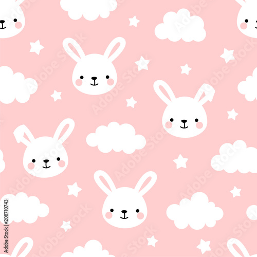 Cute Rabbit Seamless Pattern, Animal Background with Clouds for Kids