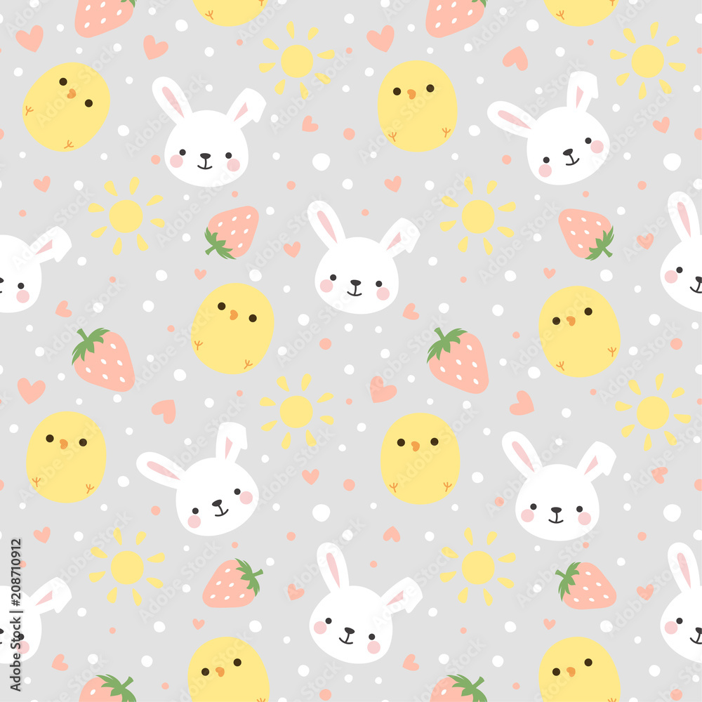 Cartoon Bunny and Cute Chick Seamless Pattern, Easter or Kid Vector Illustration Background with Strawberry Cartoon Bunny and Cute Chick Seamless Pattern, Easter or Kid Vector Illustration Background with Strawberry