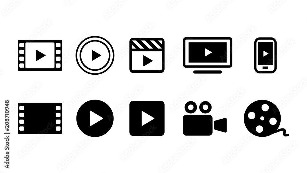 Vetor Do Stock ビデオ動画再生ボタンのアイコン複数セットイラスト白黒 Adobe Stock