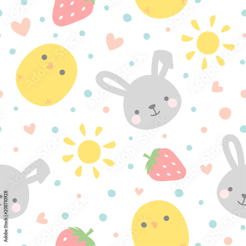 Cartoon Bunny and Cute Chick Seamless Pattern, Easter or Kid Vector Illustration Background with Strawberry