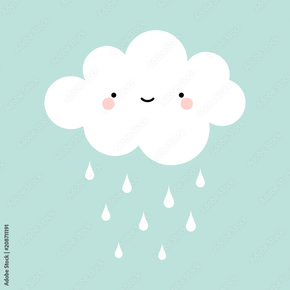 Cute Happy Cloud with Rain Drops, Print or Icon Vector Illustration