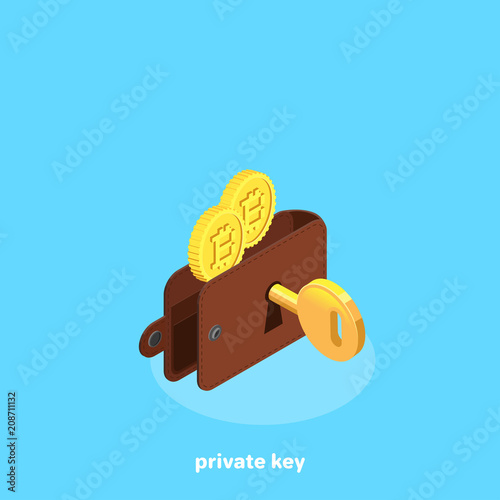 bitcoin wallet and encrypted key on a blue background, isometric image