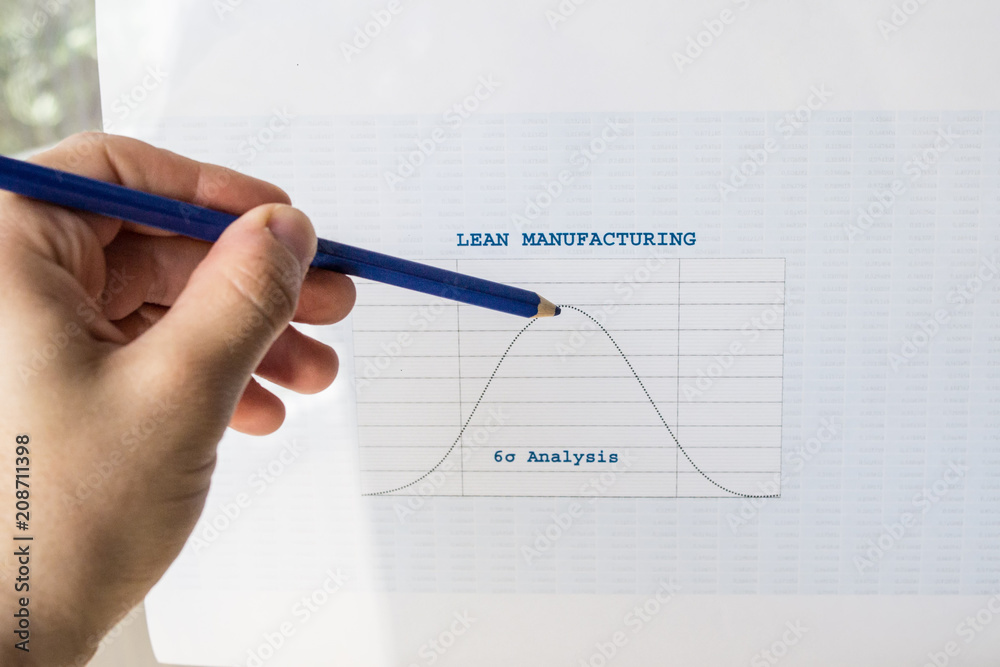 Male hand pointing with a finger at a Lean manufacturing six sigma chart Male hand pointing with a finger at a Lean manufacturing six sigma chart