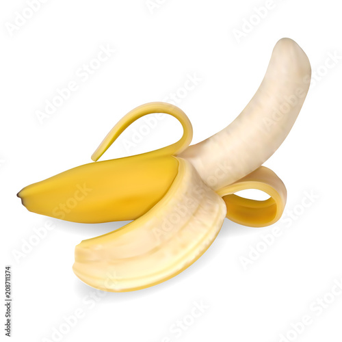 Realistic half peeled banana. 3d vector illustration.