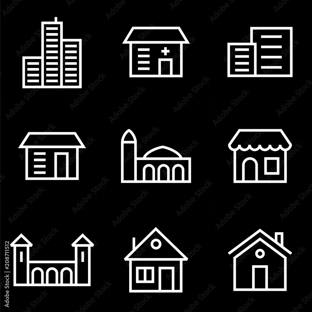 Building icon set lined simple flat style illustration