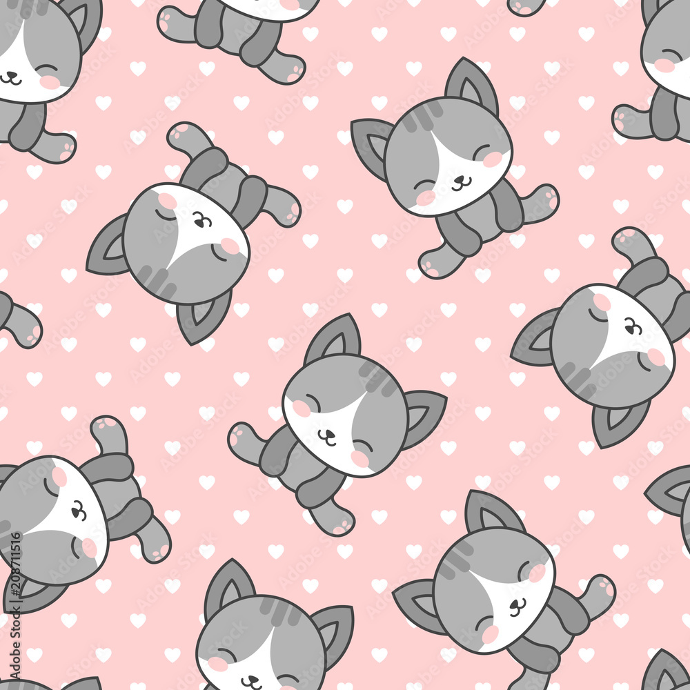Cute Cats with Kitten Paw Seamless Pattern, Cartoon Animals Background, Vector Illustration