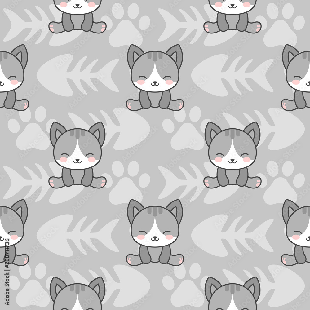 Cute Cats with Kitten Paw Seamless Pattern, Cartoon Animals Background, Vector Illustration