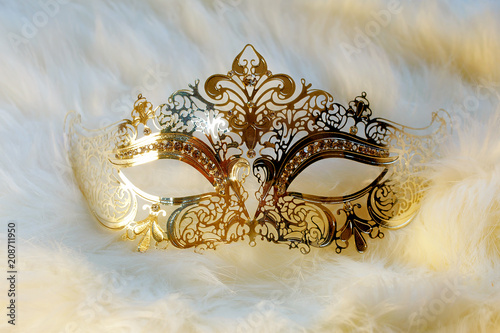 beautiful decorative venice style mask with filigrane linear ornaments on fur background.