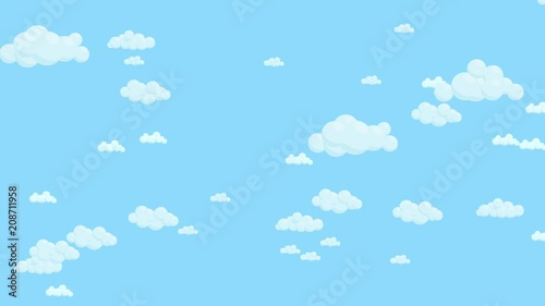 Blue sky full of clouds moving down. Cartoon sky animated background. Flat animation.