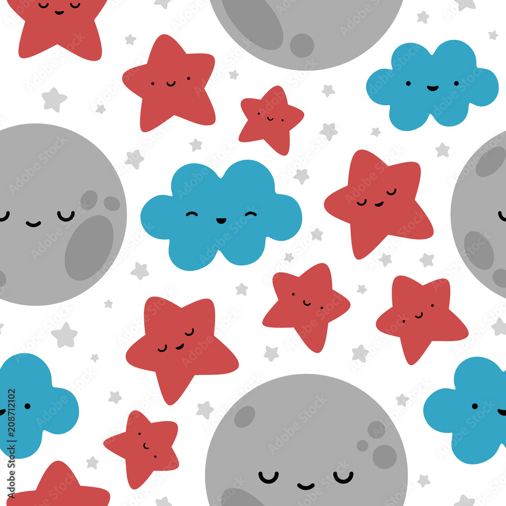 Moon, Cloud and Stars Cute Seamless Pattern, Cartoon Vector Illustration, Isolated Background
