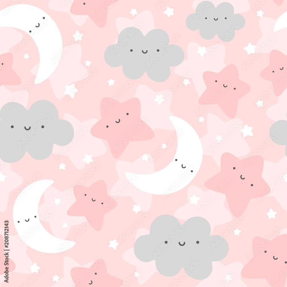 Cloud, Moon and Stars Cute Seamless Pattern, Cartoon Vector Illustration Background