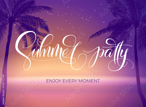 Summer party typography. Tropical poster with sumset and palm tree. Vector illustration for night club poster and invitation. Template for banner, poster, flyer, card, postcard, cover, brochure.