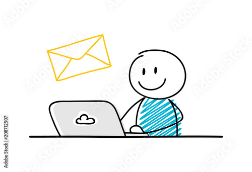 Funny stickman working on laptop - concept with envelope (email) icon. Vector.